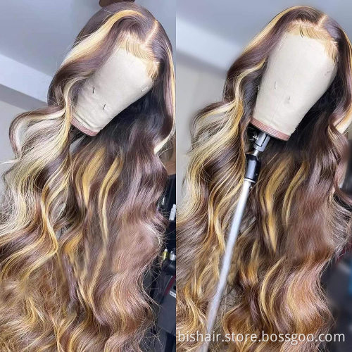 13X4 Highlight Wave 4-27 Color Front Lace Wig Real Human Hair Brazilian Lace Front Real Human Hair Wig, 150% Density